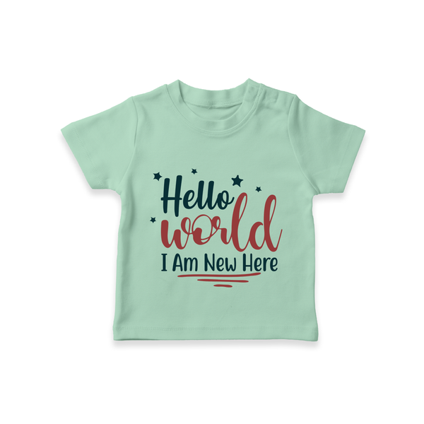 Hello World I Am New Here TShirt | Custom Baby TShirt for a Newborn Introduction - MINT GREEN - 0-5 Months Old (Chest 17")