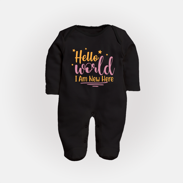 Hello World I Am New Here Sleep Suit | Custom Baby Sleep Suit for a Newborn Introduction - BLACK - New Born (Chest 7.5")