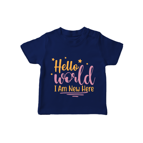 Hello World I Am New Here TShirt | Custom Baby TShirt for a Newborn Introduction - NAVY BLUE - 0-5 Months Old (Chest 17")