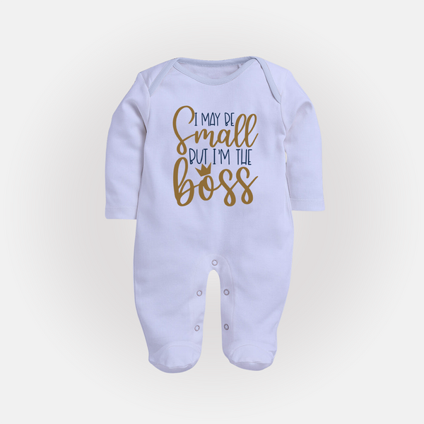 I May Be Small But I'm the Boss Sleep Suit | Personalized Baby Sleep Suit for Little Leaders - BABY BLUE - New Born (Chest 7.5")