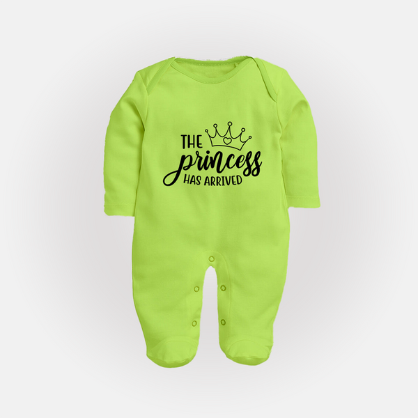 The Princess Has Arrived Sleep Suit | Custom Baby Sleep Suit for Your Little Princess - LIME GREEN - New Born (Chest 7.5")