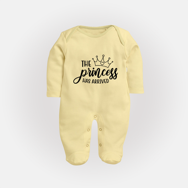 The Princess Has Arrived Sleep Suit | Custom Baby Sleep Suit for Your Little Princess - PASTEL YELLOW - New Born (Chest 7.5")