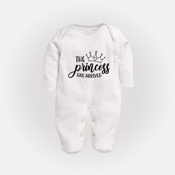 The Princess Has Arrived Sleep Suit | Custom Baby Sleep Suit for Your Little Princess - WHITE - New Born (Chest 7.5")