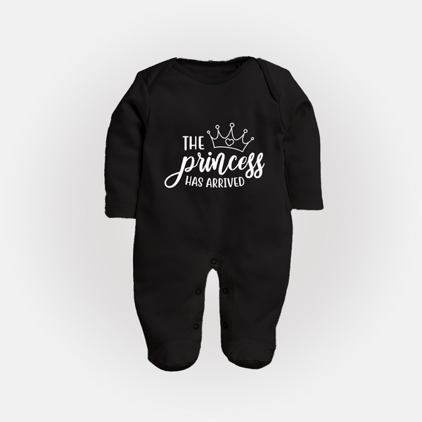 The Princess Has Arrived Sleep Suit | Custom Baby Sleep Suit for Your Little Princess - BLACK - New Born (Chest 7.5")