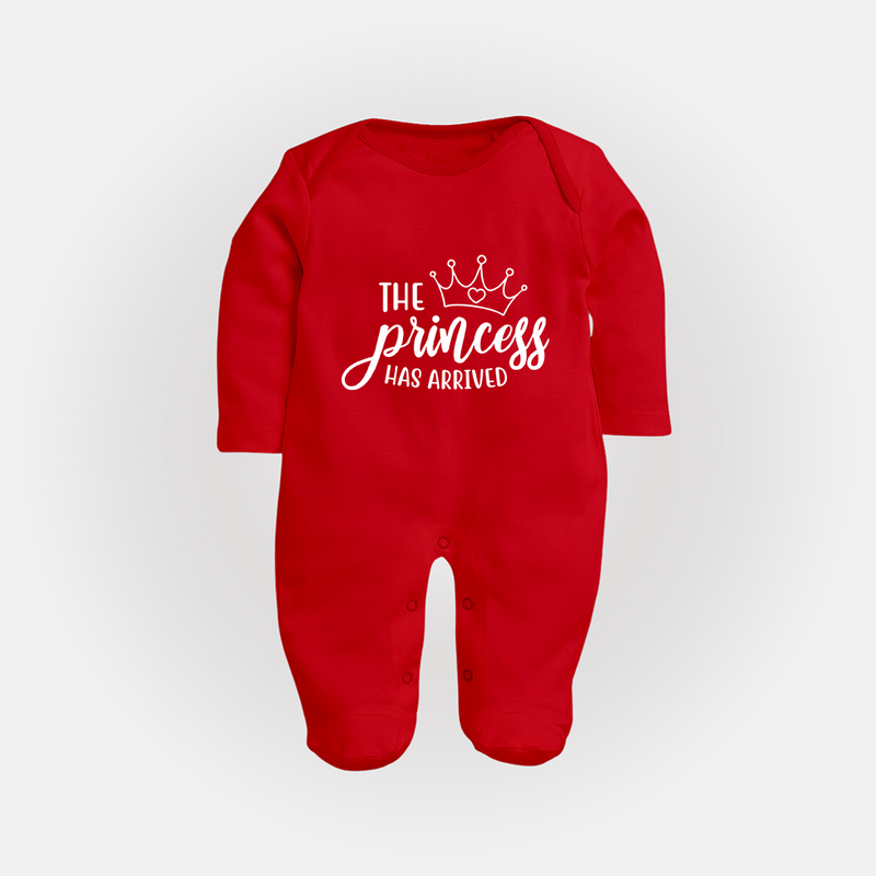 The Princess Has Arrived Sleep Suit | Custom Baby Sleep Suit for Your Little Princess - RED - New Born (Chest 7.5")