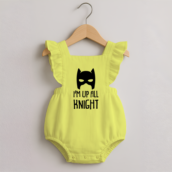 I'm Up All Night Romper Frock | Personalized Baby Romper Frock for Night Owls - PASTEL YELLOW - 0 - 3 Months Old (Chest 19")