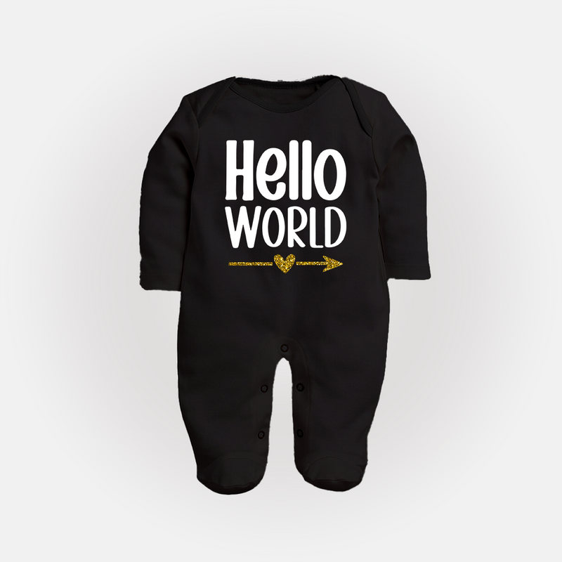 Hello World Sleep Suit | Custom Baby Sleep Suit for the Newborn - BLACK - New Born (Chest 7.5")