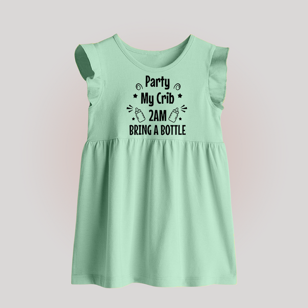 Party My Crib 2AM Bring a Bottle Baby Frock | Custom BabyFrock for Midnight Celebrations - MINT GREEN - 0 - 3 Months Old (Chest 17")