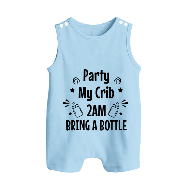 Party My Crib 2AM Bring a Bottle Romper Suit | Custom Baby Romper Suit for Midnight Celebrations - BABY BLUE - 0 - 5 Months Old (Chest 18")