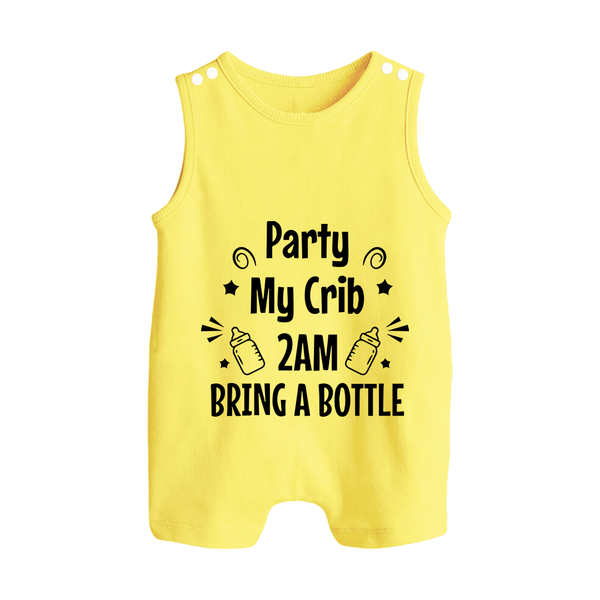 Party My Crib 2AM Bring a Bottle Romper Suit | Custom Baby Romper Suit for Midnight Celebrations - PASTEL YELLOW - 0 - 5 Months Old (Chest 18")