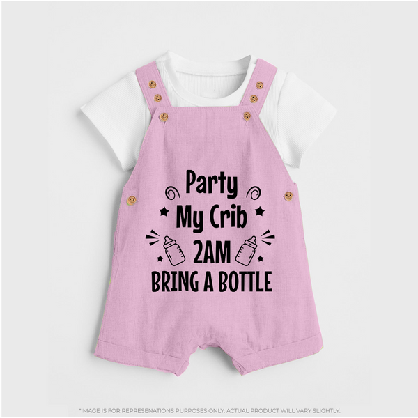 Party My Crib 2AM Bring a Bottle Dungaree | Custom Baby Dungaree for Midnight Celebrations - BABY PINK - 0 - 5 Months Old (Chest 18")