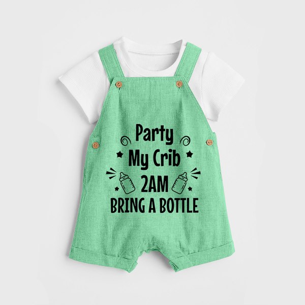 Party My Crib 2AM Bring a Bottle Dungaree | Custom Baby Dungaree for Midnight Celebrations - GREEN - 0 - 5 Months Old (Chest 18")