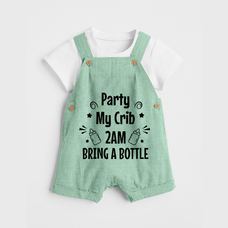 Party My Crib 2AM Bring a Bottle Dungaree | Custom Baby Dungaree for Midnight Celebrations - MINT GREEN - 0 - 5 Months Old (Chest 18")