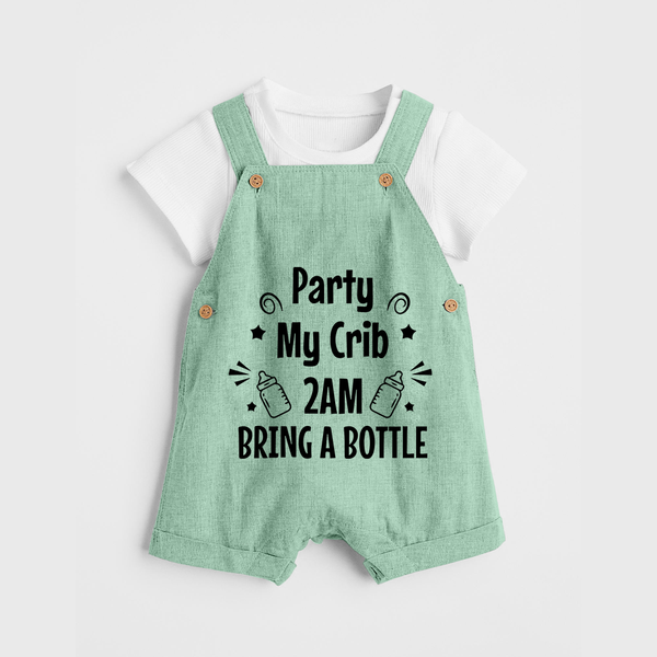 Party My Crib 2AM Bring a Bottle Dungaree | Custom Baby Dungaree for Midnight Celebrations - MINT GREEN - 0 - 5 Months Old (Chest 18")