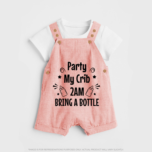Party My Crib 2AM Bring a Bottle Dungaree | Custom Baby Dungaree for Midnight Celebrations - PEACH - 0 - 5 Months Old (Chest 18")