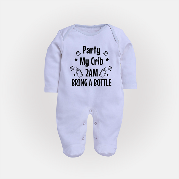 Party My Crib 2AM Bring a Bottle Sleep Suit | Custom Baby Sleep Suit for Midnight Celebrations - BABY BLUE - New Born (Chest 7.5")