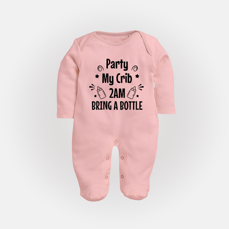 Party My Crib 2AM Bring a Bottle Sleep Suit | Custom Baby Sleep Suit for Midnight Celebrations - BABY PINK - New Born (Chest 7.5")