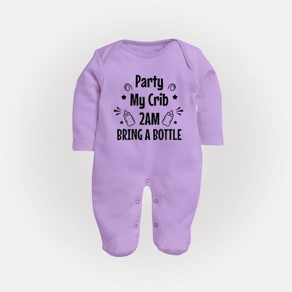 Party My Crib 2AM Bring a Bottle Sleep Suit | Custom Baby Sleep Suit for Midnight Celebrations - LILAC - New Born (Chest 7.5")