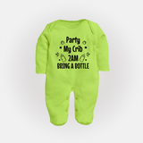 Party My Crib 2AM Bring a Bottle Sleep Suit | Custom Baby Sleep Suit for Midnight Celebrations - LIME GREEN - New Born (Chest 7.5")