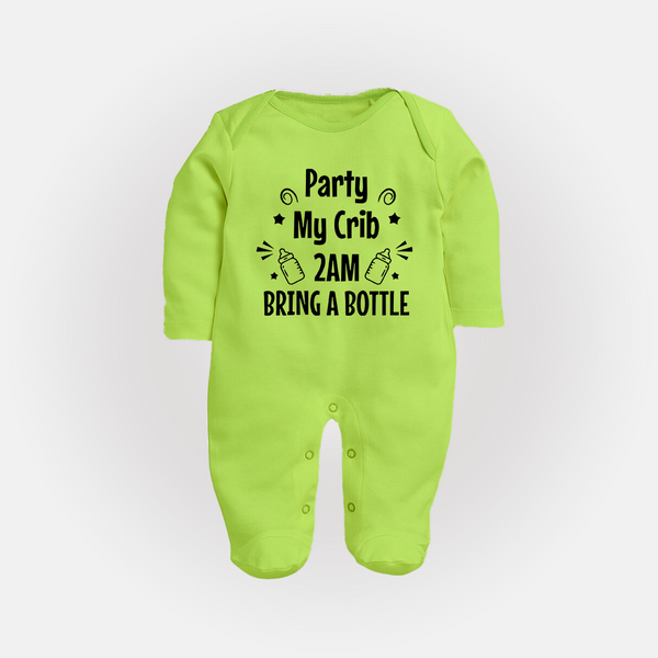 Party My Crib 2AM Bring a Bottle Sleep Suit | Custom Baby Sleep Suit for Midnight Celebrations - LIME GREEN - New Born (Chest 7.5")