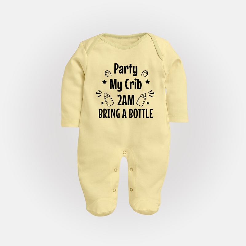 Party My Crib 2AM Bring a Bottle Sleep Suit | Custom Baby Sleep Suit for Midnight Celebrations - PASTEL YELLOW - New Born (Chest 7.5")