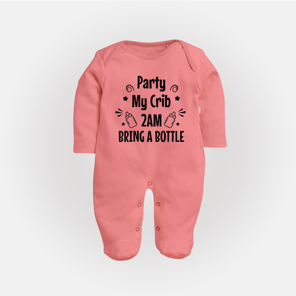 Party My Crib 2AM Bring a Bottle Sleep Suit | Custom Baby Sleep Suit for Midnight Celebrations - PEACH - New Born (Chest 7.5")