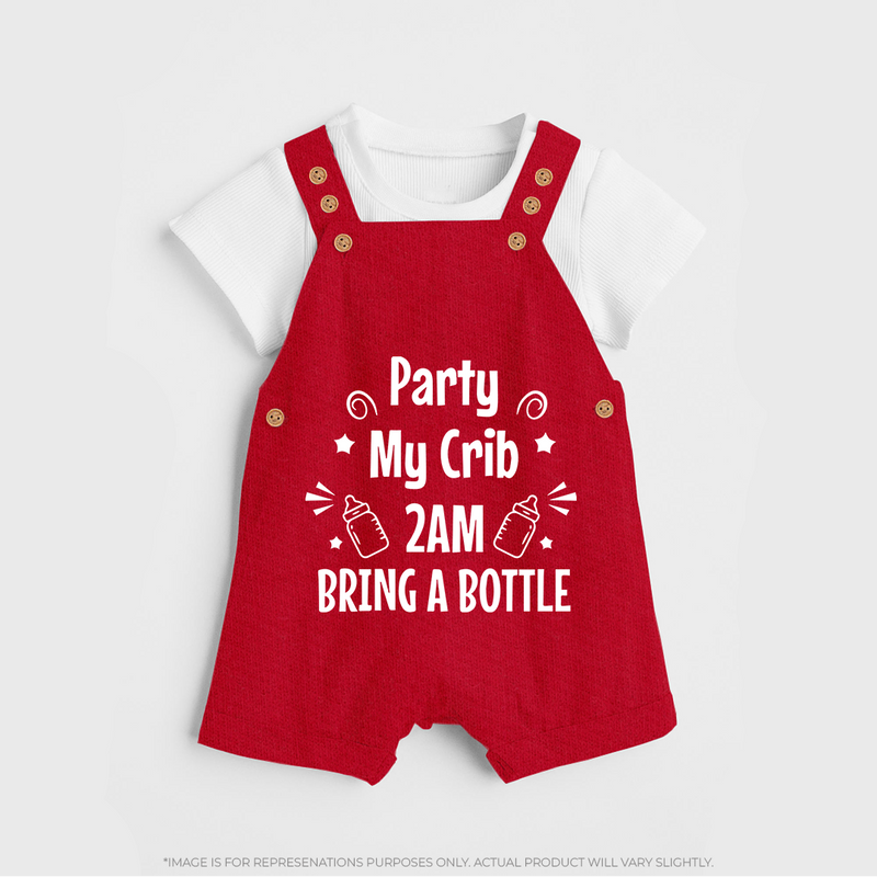Party My Crib 2AM Bring a Bottle Dungaree | Custom Baby Dungaree for Midnight Celebrations - RED - 0 - 5 Months Old (Chest 18")