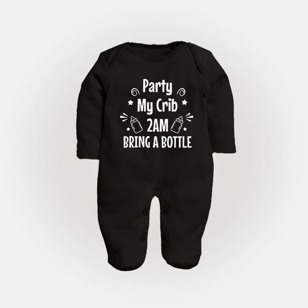 Party My Crib 2AM Bring a Bottle Sleep Suit | Custom Baby Sleep Suit for Midnight Celebrations - BLACK - New Born (Chest 7.5")