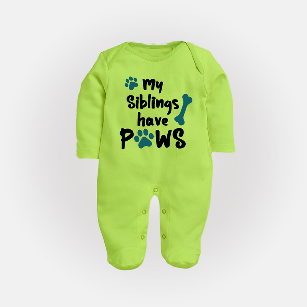 My Siblings Have Paws Sleep Suit | Custom Baby Sleep Suit for Animal-Loving Families - LIME GREEN - New Born (Chest 7.5")