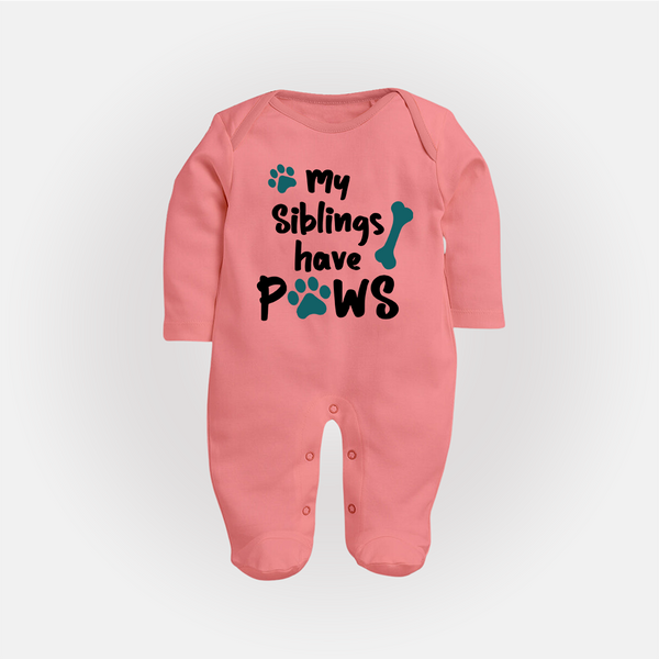 My Siblings Have Paws Sleep Suit | Custom Baby Sleep Suit for Animal-Loving Families - PEACH - New Born (Chest 7.5")