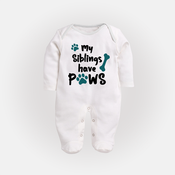 My Siblings Have Paws Sleep Suit | Custom Baby Sleep Suit for Animal-Loving Families - WHITE - New Born (Chest 7.5")