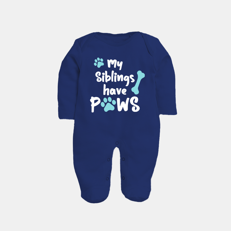 My Siblings Have Paws Sleep Suit | Custom Baby Sleep Suit for Animal-Loving Families - NAVY BLUE - New Born (Chest 7.5")