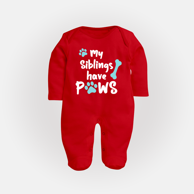 My Siblings Have Paws Sleep Suit | Custom Baby Sleep Suit for Animal-Loving Families - RED - New Born (Chest 7.5")