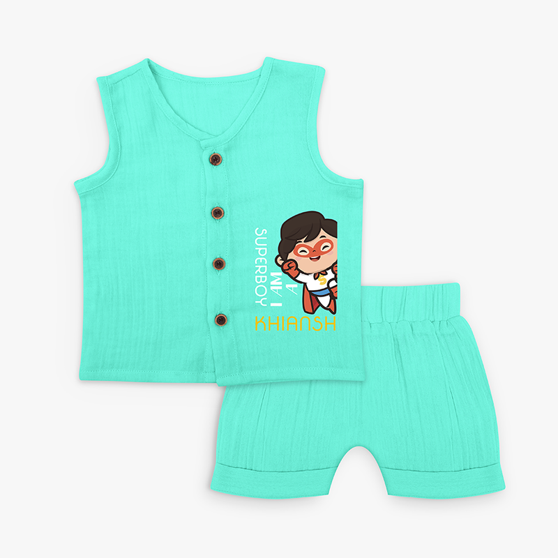 I'm A Super Boy - Cute Jabla Set For Babies - AQUA GREEN - 0 - 3 Months Old (Chest 9.8")