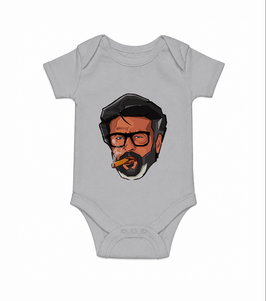 Rajini Face Art Print Baby Romper - GREY - New Born (Chest 14")