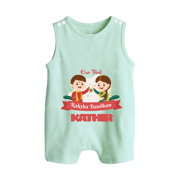 Baby’s First Rakhi Celebration Button Romper  - MINT GREEN - New Born (Chest 18")