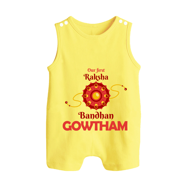 Baby Girl First Rakhi Button Romper - PASTEL YELLOW - New Born (Chest 18")