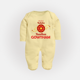 Baby Girl First Rakhi Fullbody Suit - PASTEL YELLOW - New Born (Chest 7.5")