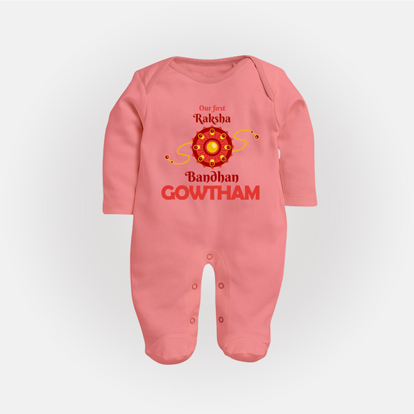 Baby Girl First Rakhi Fullbody Suit - PEACH - New Born (Chest 7.5")