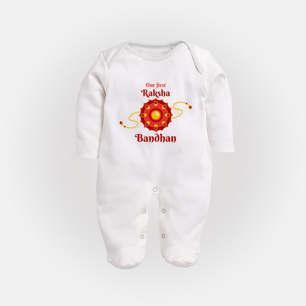 Custom Baby Sleep Suit| Our First Raksha Bandhan Theme - WHITE - New Born (Chest 7.5")