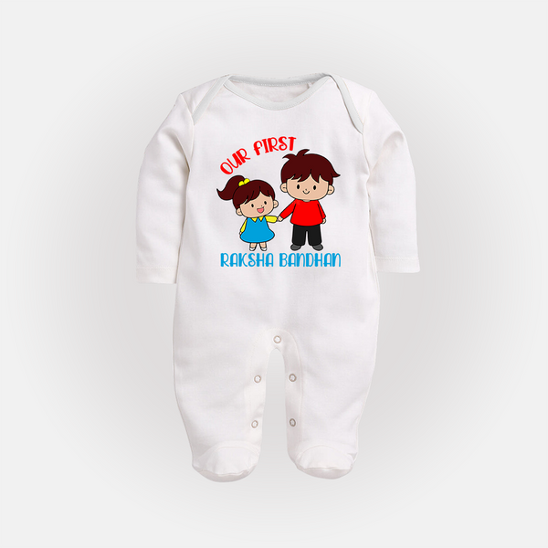 Our First Rakhi Sleep Suit | Babywear for Brother and Sister Moments - WHITE - New Born (Chest 7.5")
