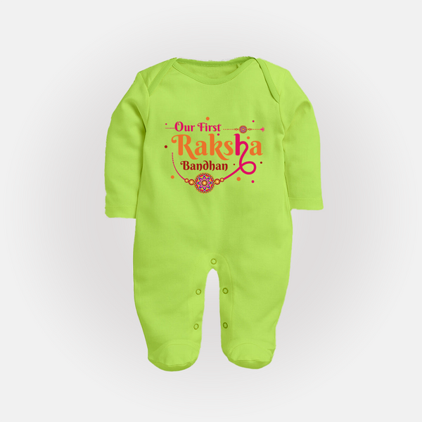 Sibling Sleep Suit Outfit | Personalized for Our First Rakhi - LIME GREEN - New Born (Chest 7.5")
