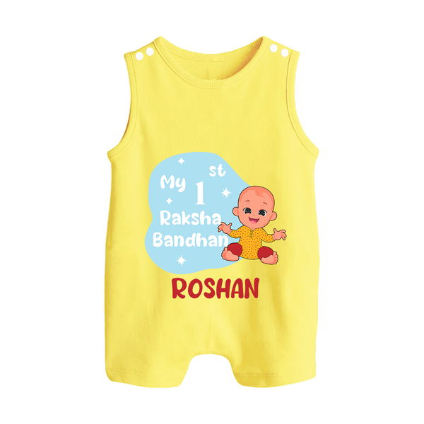 My First Raksha Bandhan Infant Button Romper  - PASTEL YELLOW - New Born (Chest 18")