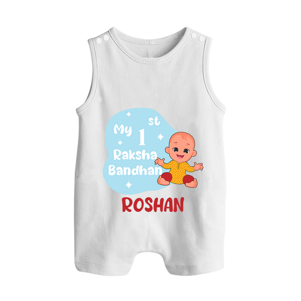 Newborn Romper Suit/ Sleeveless Romper | Celebrate My First Raksha Bandhan in Style - WHITE - 0 - 5 Months Old (Chest 18")