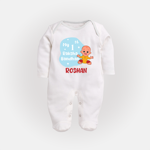 Newborn Sleep suit / Full sleeve bodysuit | Celebrate My First Raksha Bandhan in Style - WHITE - New Born (Chest 7.5")