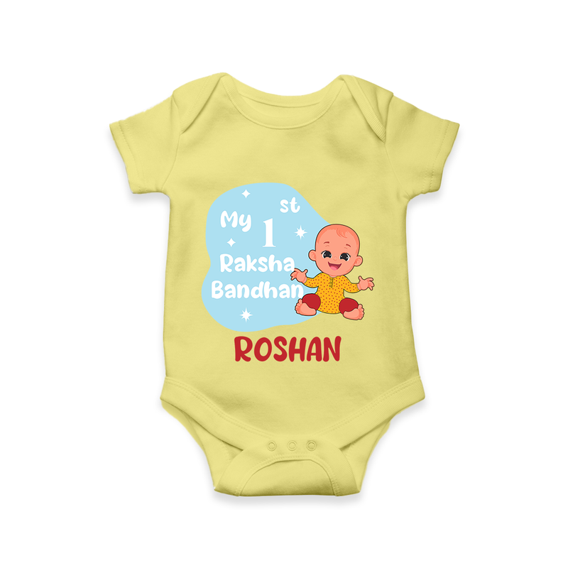 Newborn Romper | Celebrate My First Raksha Bandhan in Style - PASTEL YELLOW - New Born (Chest 14")