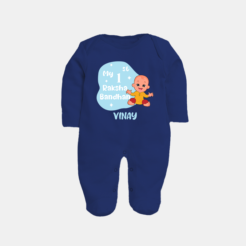 Newborn Sleep suit / Full sleeve bodysuit | Celebrate My First Raksha Bandhan in Style - NAVY BLUE - New Born (Chest 7.5")