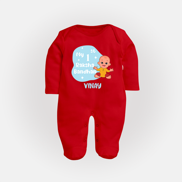 Newborn Sleep suit / Full sleeve bodysuit | Celebrate My First Raksha Bandhan in Style - RED - New Born (Chest 7.5")