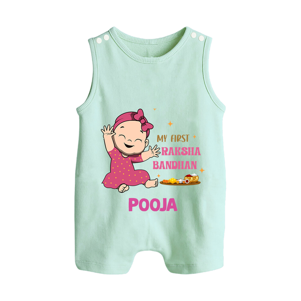 My First Raksha Bandhan | Romper Suit/ Sleeveless Romper with Personalized Design - MINT GREEN - 0 - 5 Months Old (Chest 18")