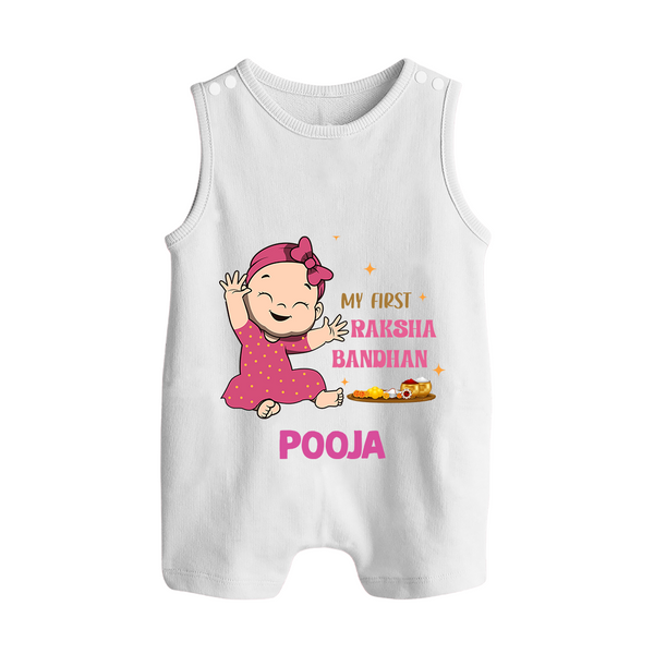 My First Raksha Bandhan | Romper Suit/ Sleeveless Romper with Personalized Design - WHITE - 0 - 5 Months Old (Chest 18")